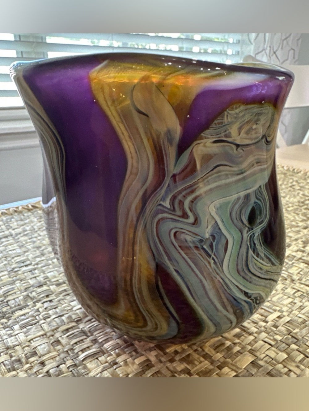 2004 Signed Robert Eickholt 5.5" Hand-blown Art Glass Vase Purple Green Swirl